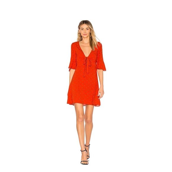 FREE PEOPLE All Yours Orange/Yellow Polka Dot Mini Dress Tie Front V-Neck Size 0 - Picture 1 of 12
